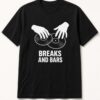 Breaks and Bars DJ Turntable unisex t-shirt in black with two hands scratching two vinyl records