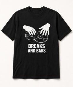 Breaks and Bars DJ Turntable unisex t-shirt in black with two hands scratching two vinyl records