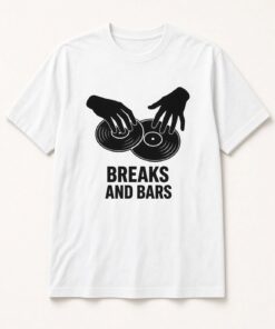 Breaks and Bars DJ Turntable unisex t-shirt in white with two hands scratching two vinyl records