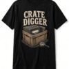 Crate Digger Vinyl Records unisex t-shirt in black with wooden crate of vinyl records and a magnifier