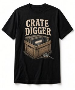 Crate Digger Vinyl Records unisex t-shirt in black with wooden crate of vinyl records and a magnifier