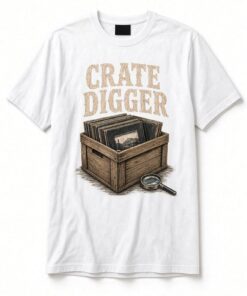 Crate Digger Vinyl Records unisex t-shirt in white with wooden crate of vinyl records and a magnifier