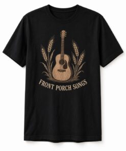 Front Porch Songs Acoustic Guitar unisex t-shirt in black with acoustic guitar framed by golden wheat