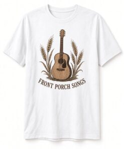 Front Porch Songs Acoustic Guitar unisex t-shirt in white with acoustic guitar framed by golden wheat