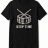 Keep Time Snare Drum unisex t-shirt in black with detailed snare drum with crossed drumsticks