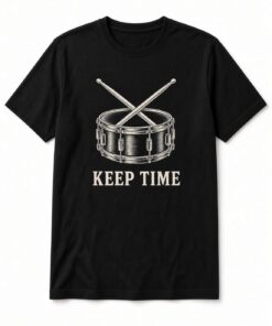 Keep Time Snare Drum unisex t-shirt in black with detailed snare drum with crossed drumsticks