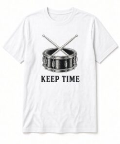 Keep Time Snare Drum unisex t-shirt in white with detailed snare drum with crossed drumsticks