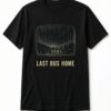 Last Bus Home Rainy Night unisex t-shirt in black with rainy night city through a rounded bus window