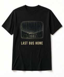 Last Bus Home Rainy Night unisex t-shirt in black with rainy night city through a rounded bus window
