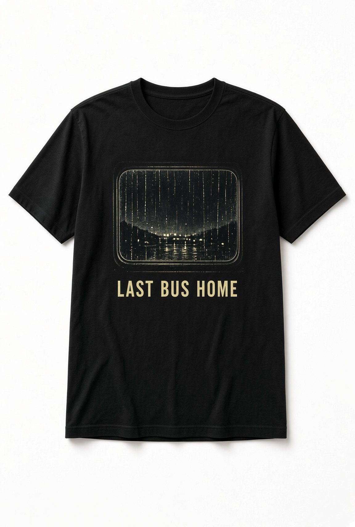 Last Bus Home Rainy Night unisex t-shirt in black with rainy night city through a rounded bus window