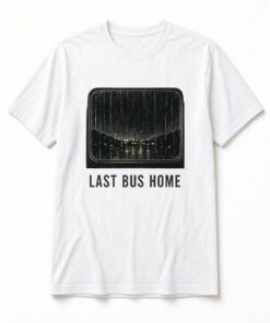 Last Bus Home Rainy Night unisex t-shirt in white with rainy night city through a rounded bus window