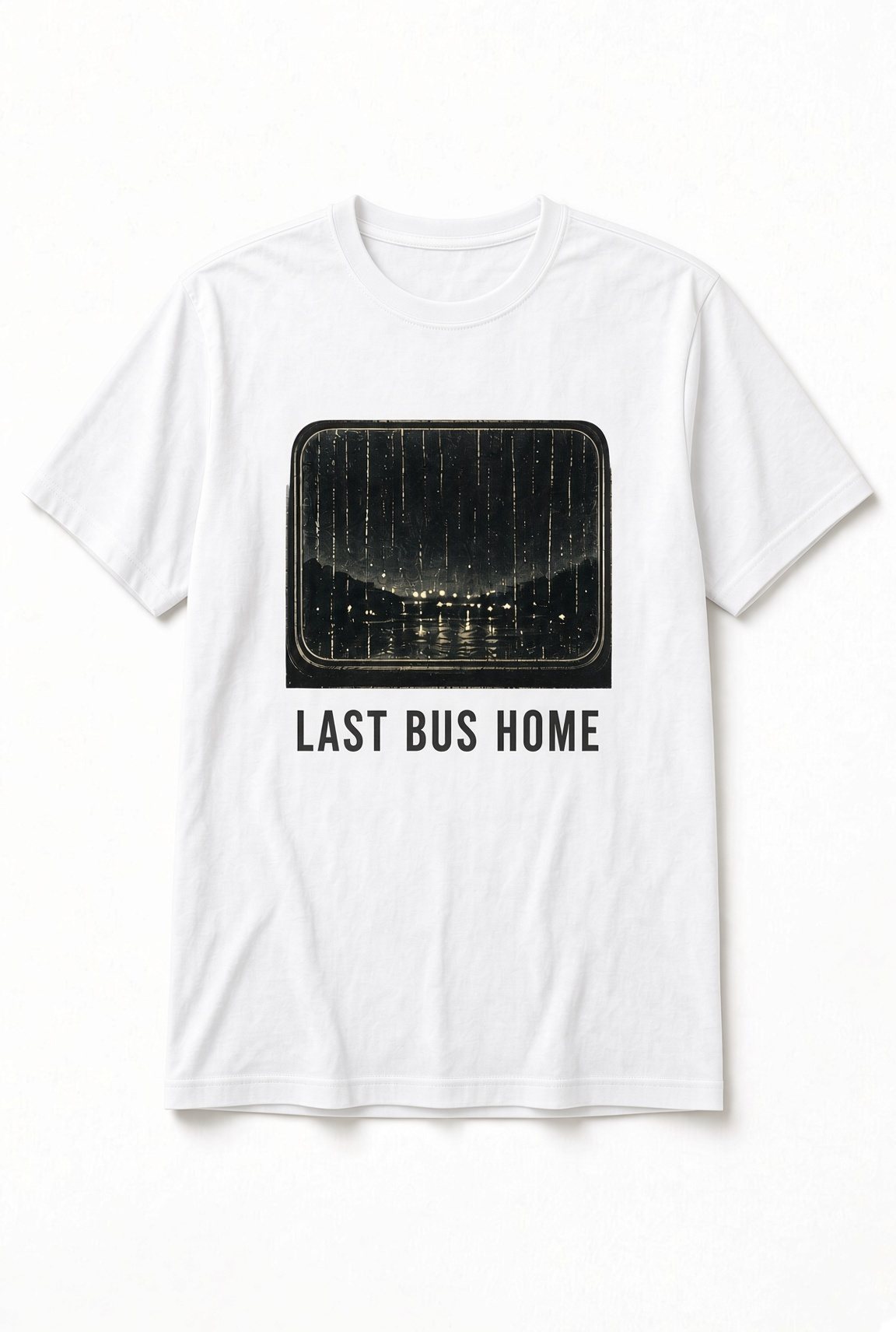 Last Bus Home Rainy Night unisex t-shirt in white with rainy night city through a rounded bus window
