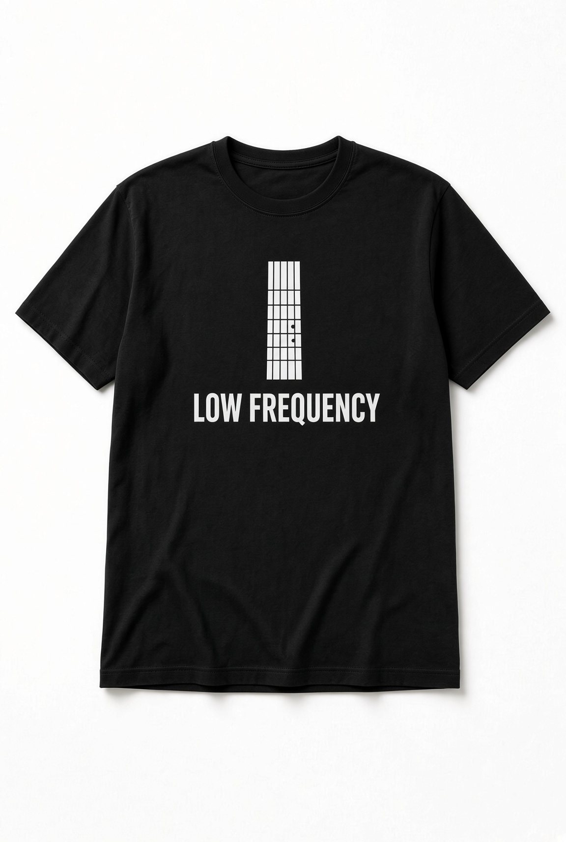 Low Frequency Bass Guitar unisex t-shirt in black with vertical bass guitar fretboard