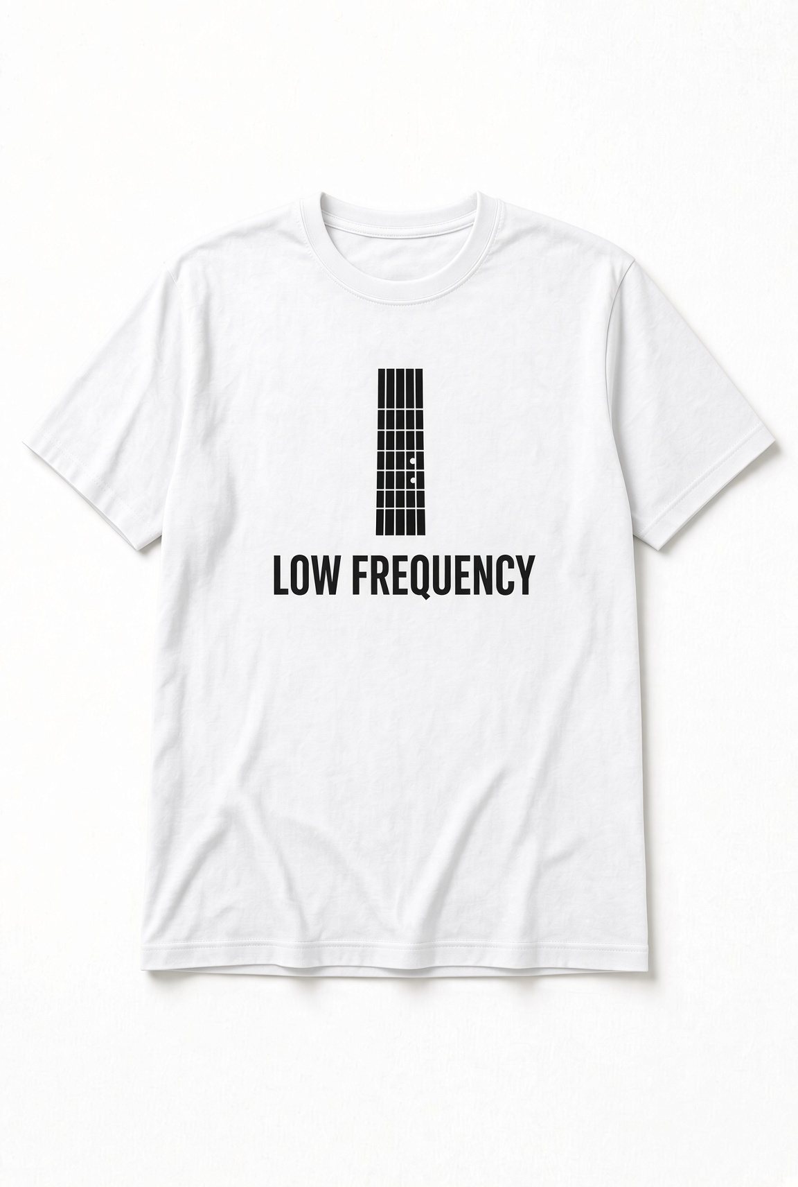 Low Frequency Bass Guitar unisex t-shirt in white with vertical bass guitar fretboard