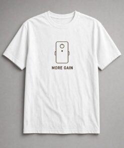More Gain Guitar Pedal unisex t-shirt in white with minimalist effects pedal outline with one knob