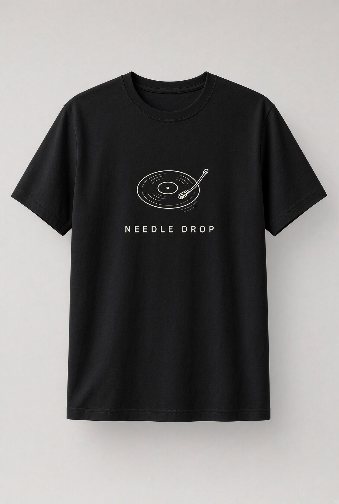 Needle Drop Minimalist Turntable unisex t-shirt in black with small line-art turntable