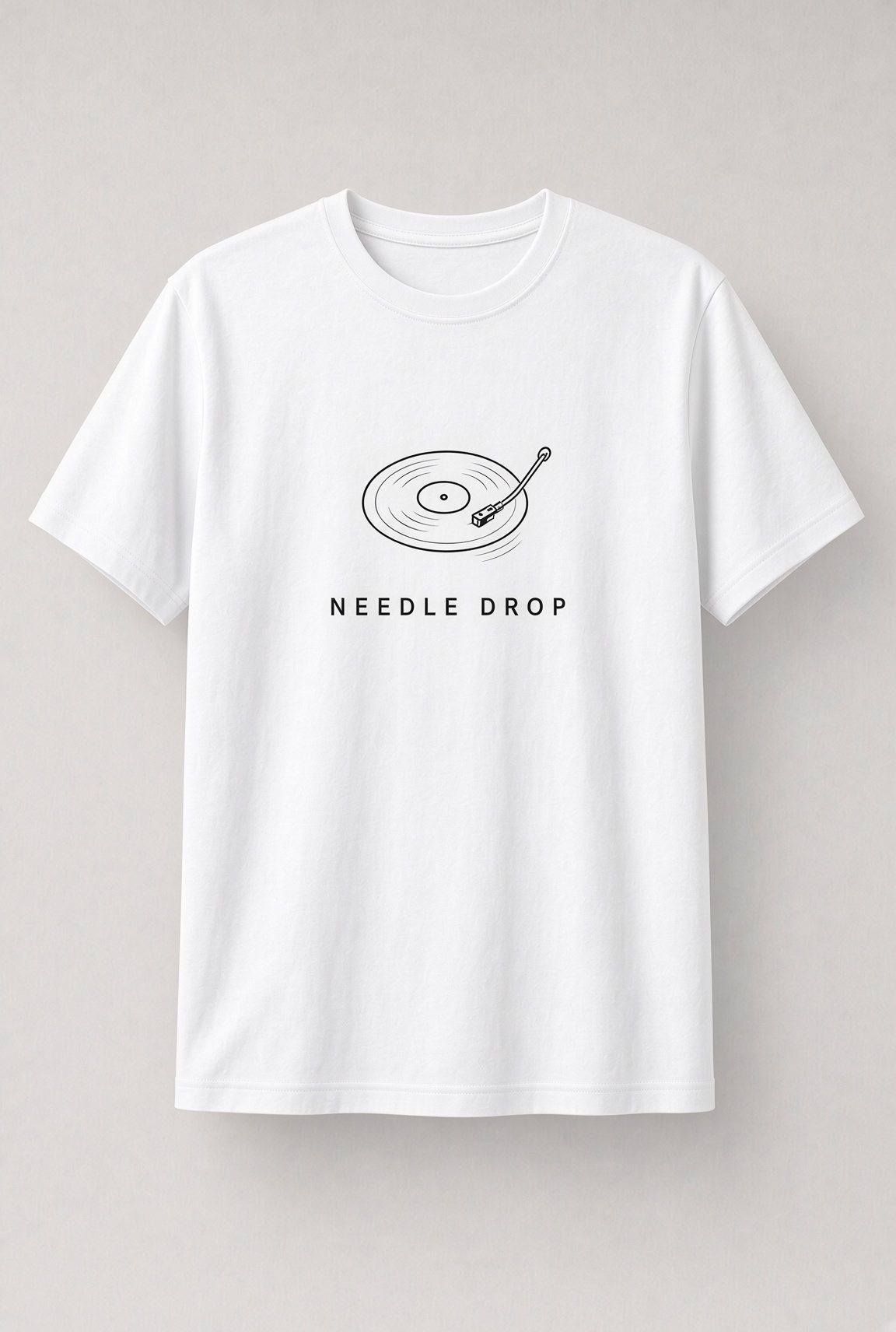 Needle Drop Minimalist Turntable unisex t-shirt in white with small line-art turntable