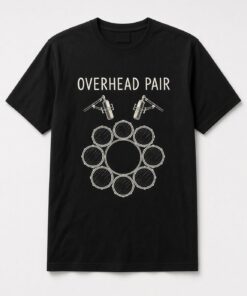 Overhead Pair Drum Kit Mics unisex t-shirt in black with two condenser mics over a top-down drum kit