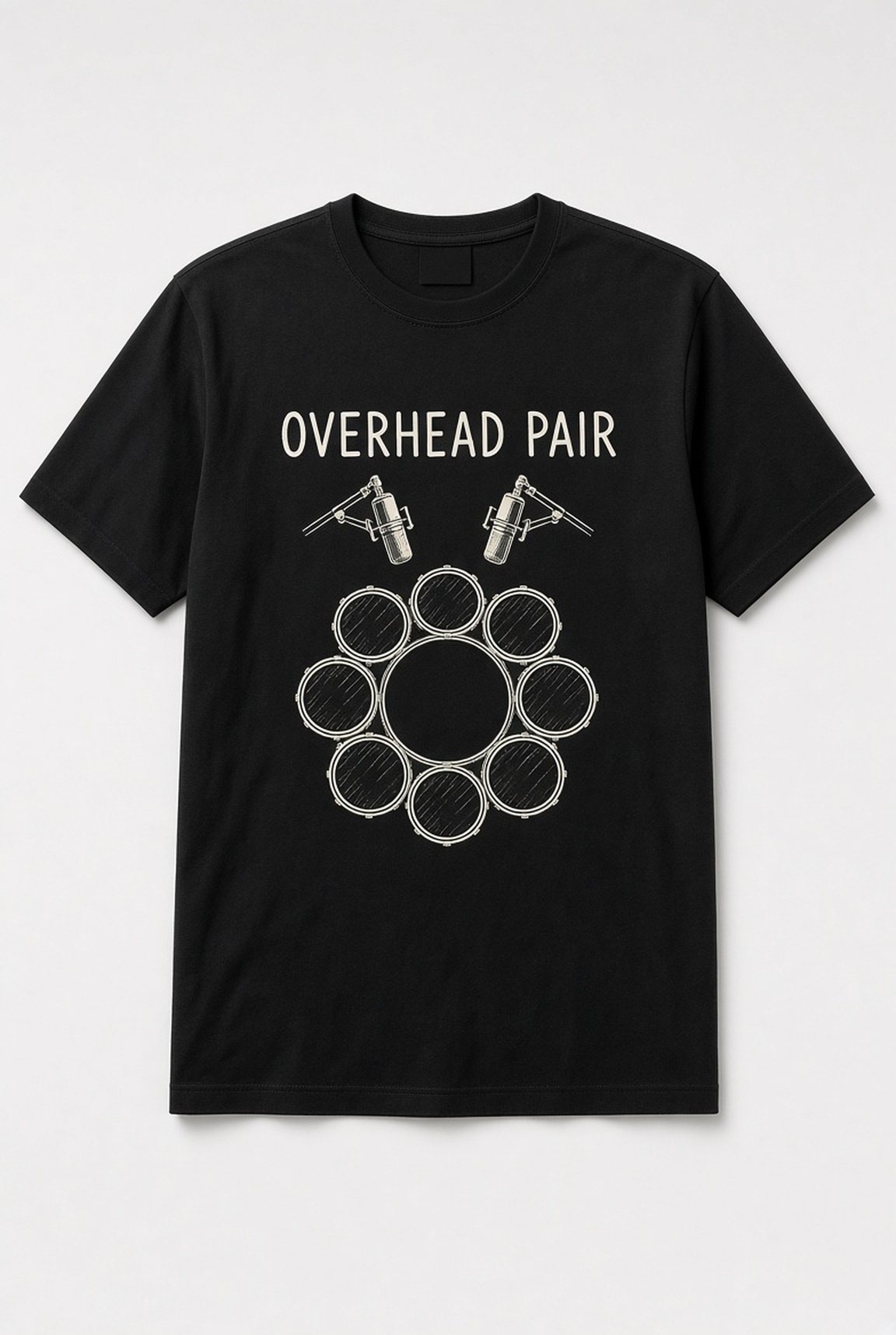 Overhead Pair Drum Kit Mics unisex t-shirt in black with two condenser mics over a top-down drum kit