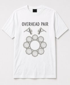 Overhead Pair Drum Kit Mics unisex t-shirt in white with two condenser mics over a top-down drum kit