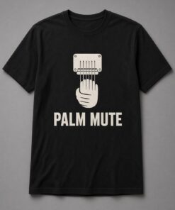 Palm Mute Guitar unisex t-shirt in black with hand resting on guitar strings at the bridge