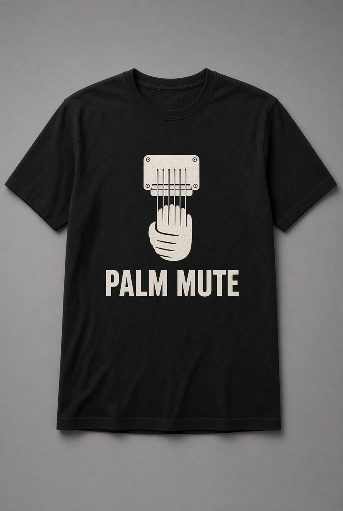 Palm Mute Guitar unisex t-shirt in black with hand resting on guitar strings at the bridge