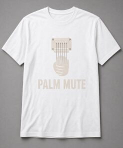 Palm Mute Guitar unisex t-shirt in white with hand resting on guitar strings at the bridge