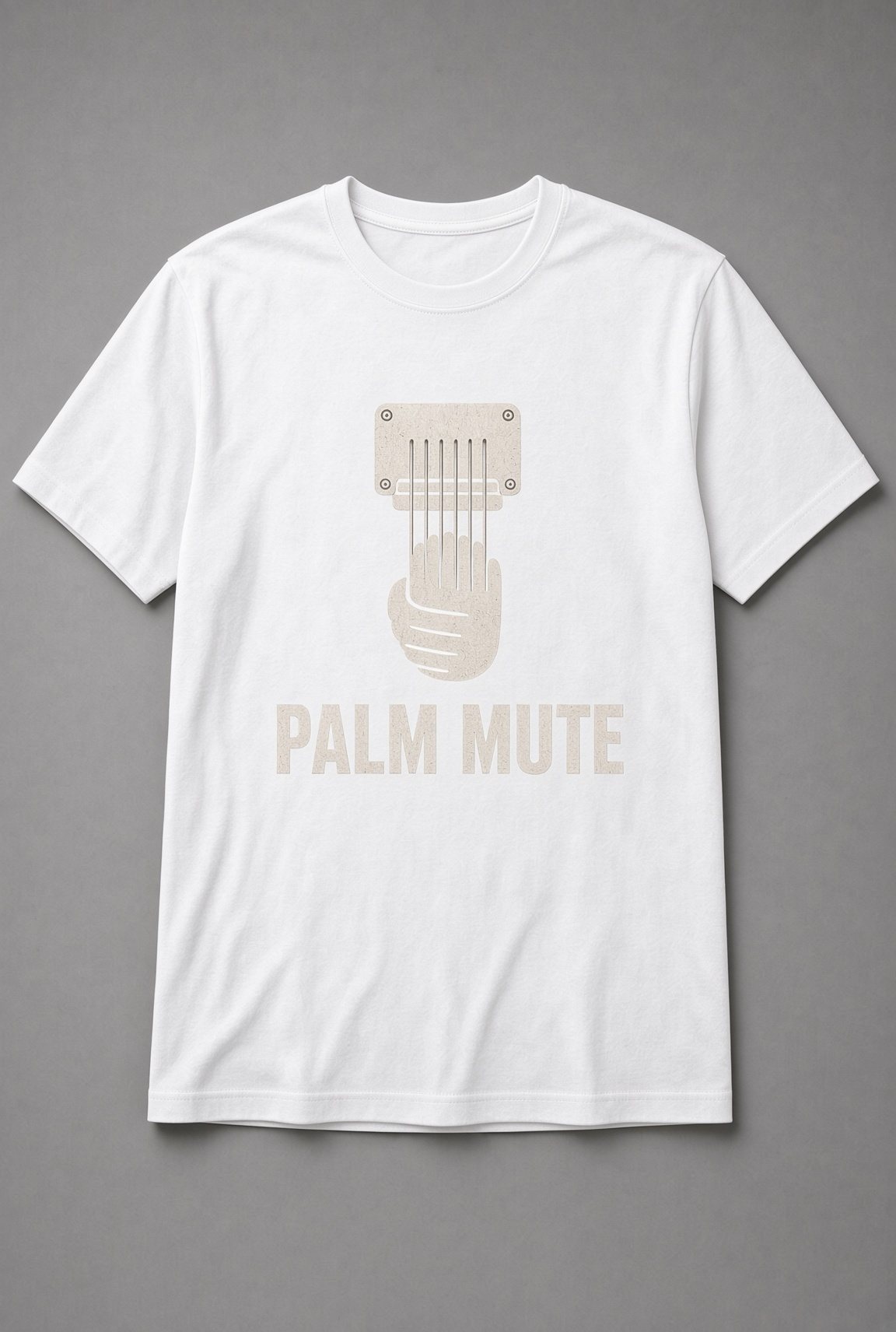 Palm Mute Guitar unisex t-shirt in white with hand resting on guitar strings at the bridge