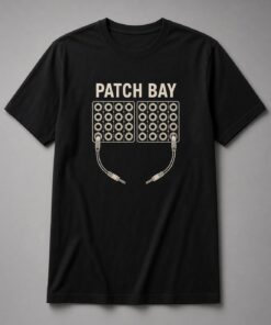 Patch Bay Studio Gear unisex t-shirt in black with patch bay with rows of jacks and two cables
