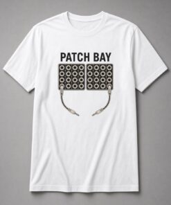 Patch Bay Studio Gear unisex t-shirt in white with patch bay with rows of jacks and two cables