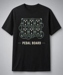 Pedal Board Guitar Pedals unisex t-shirt in black with six wired guitar pedals in mint-green line art