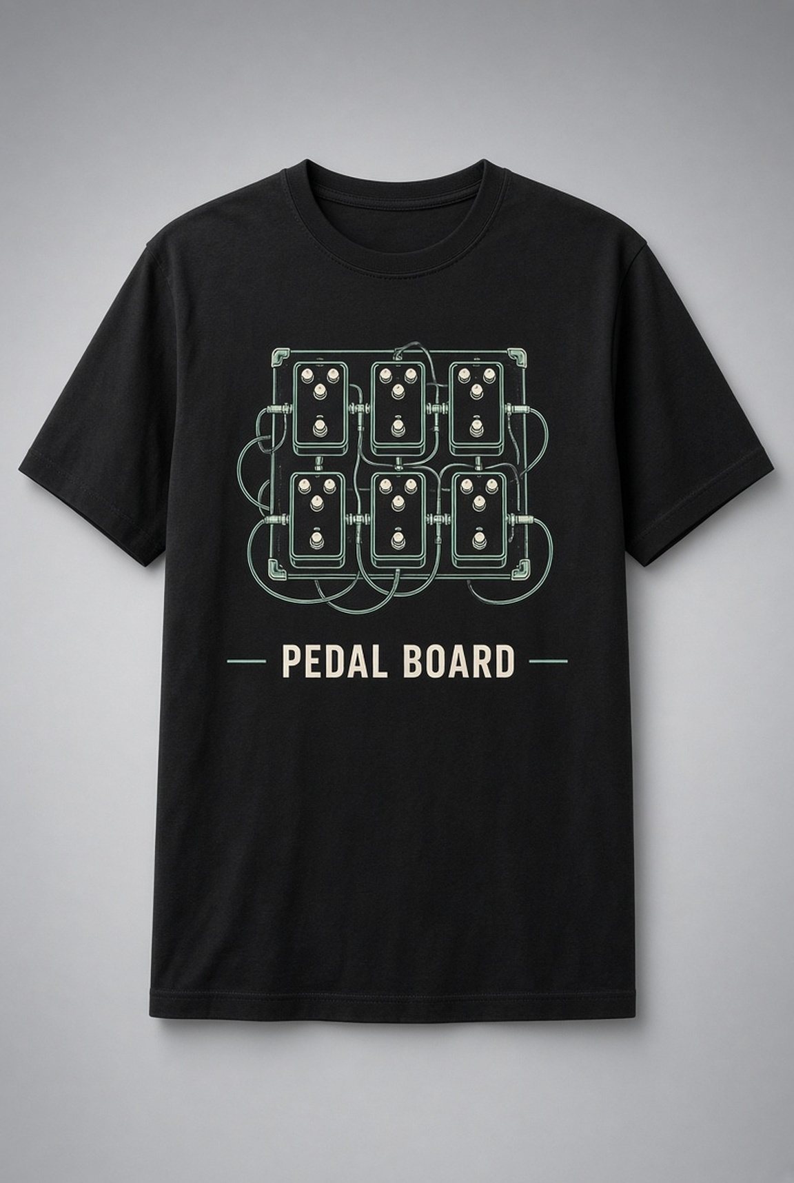 Pedal Board Guitar Pedals unisex t-shirt in black with six wired guitar pedals in mint-green line art