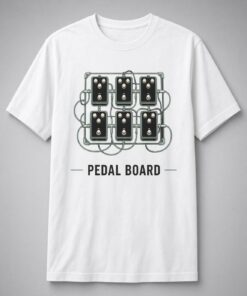 Pedal Board Guitar Pedals unisex t-shirt in white with six wired guitar pedals in mint-green line art