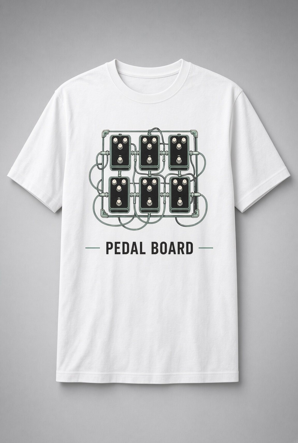 Pedal Board Guitar Pedals unisex t-shirt in white with six wired guitar pedals in mint-green line art