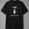 Phantom Power Condenser Mic unisex t-shirt in black with +48 above a condenser mic in a shock mount