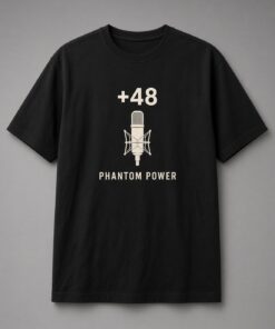 Phantom Power Condenser Mic unisex t-shirt in black with +48 above a condenser mic in a shock mount