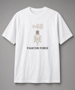 Phantom Power Condenser Mic unisex t-shirt in white with +48 above a condenser mic in a shock mount