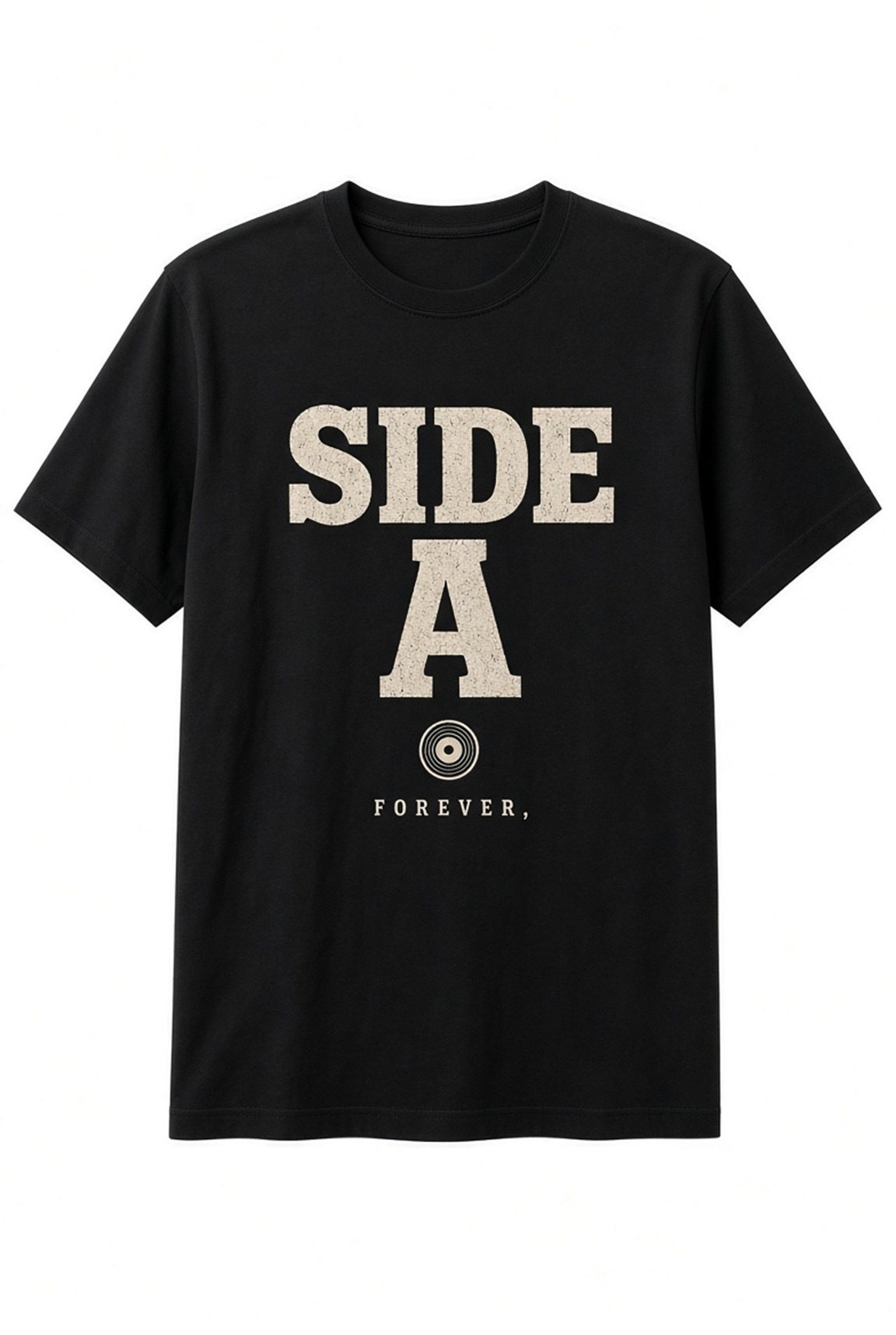 Side A Forever Vinyl Record unisex t-shirt in black with distressed SIDE A lettering and a record icon