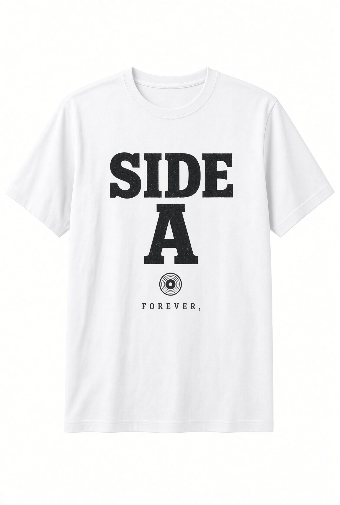 Side A Forever Vinyl Record unisex t-shirt in white with distressed SIDE A lettering and a record icon