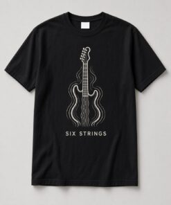 Six Strings Electric Guitar unisex t-shirt in black with flowing line-art electric guitar