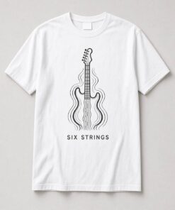 Six Strings Electric Guitar unisex t-shirt in white with flowing line-art electric guitar