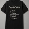 Soundcheck Checklist unisex t-shirt in black with handwritten checklist for kick, snare, vocal and guitar