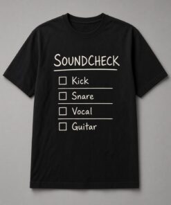 Soundcheck Checklist unisex t-shirt in black with handwritten checklist for kick, snare, vocal and guitar