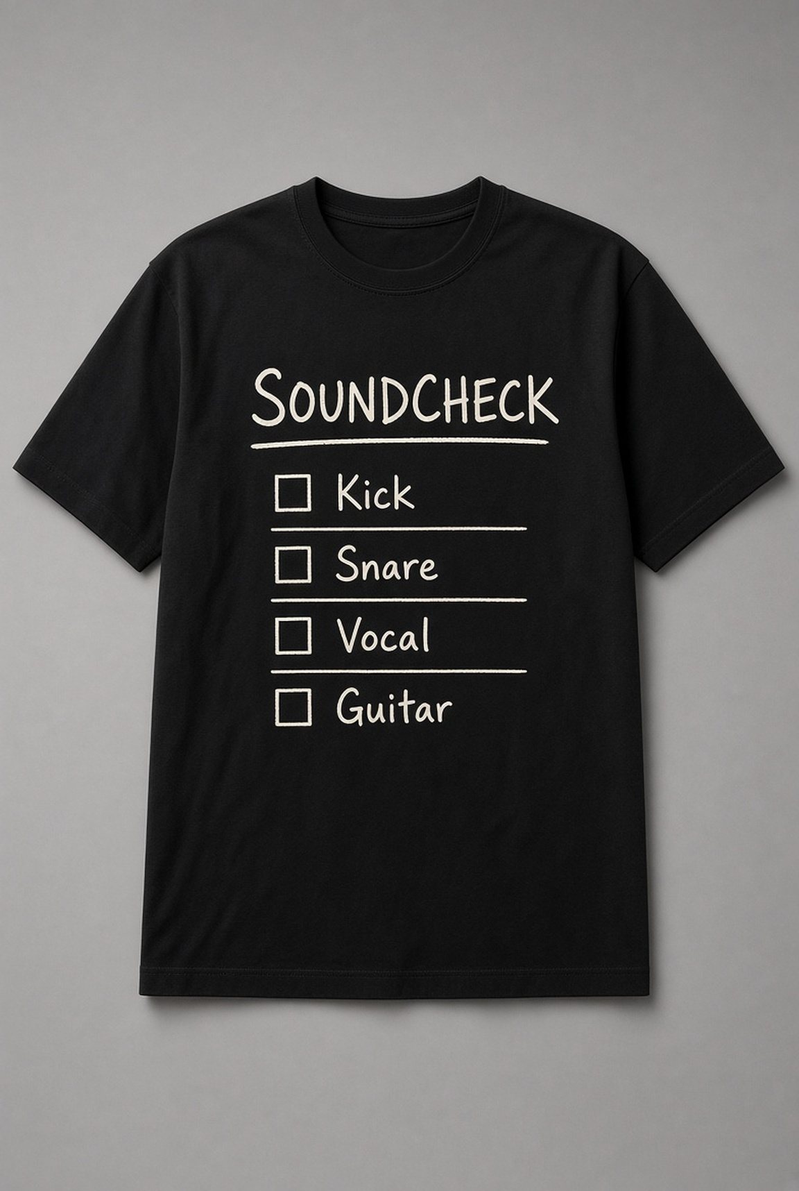Soundcheck Checklist unisex t-shirt in black with handwritten checklist for kick, snare, vocal and guitar