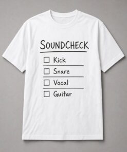 Soundcheck Checklist unisex t-shirt in white with handwritten checklist for kick, snare, vocal and guitar