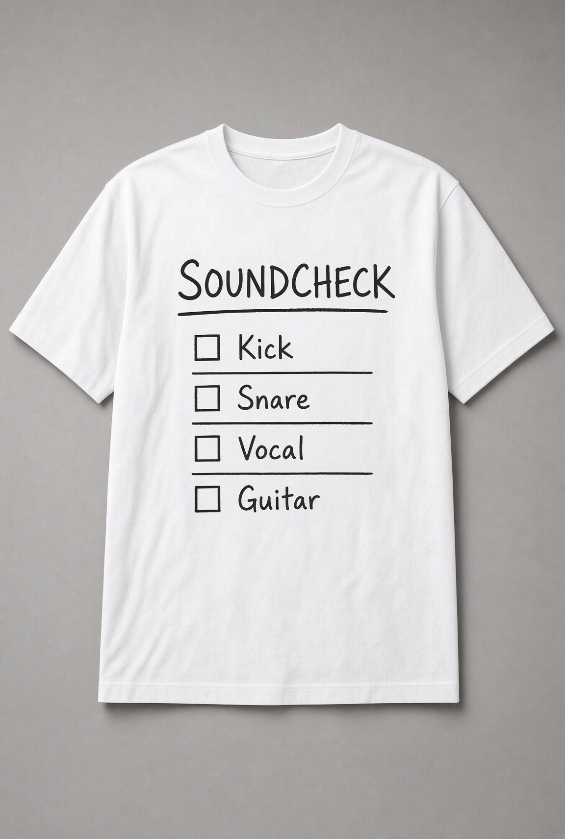 Soundcheck Checklist unisex t-shirt in white with handwritten checklist for kick, snare, vocal and guitar