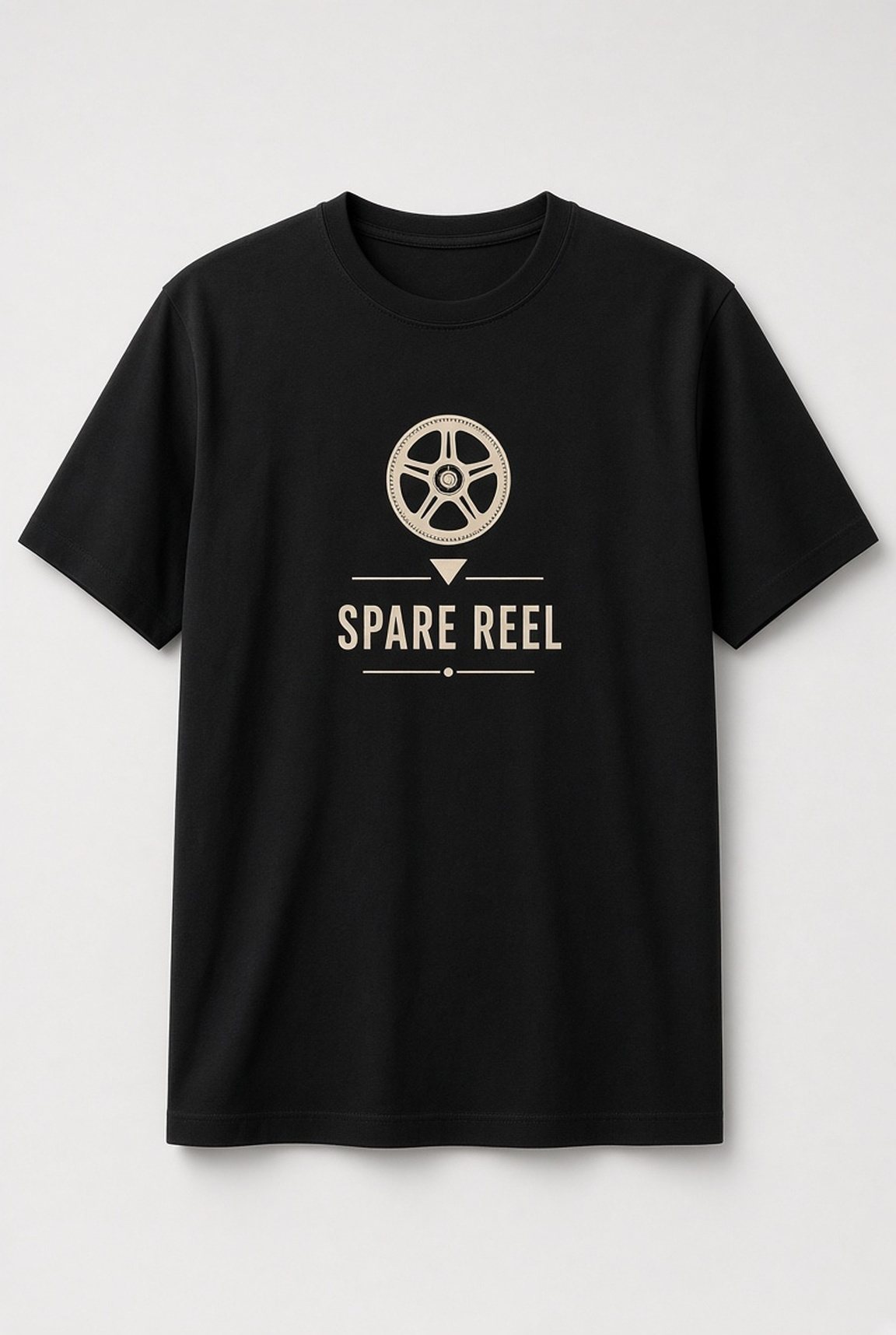 Spare Reel Analog Tape unisex t-shirt in black with single tape reel with a small arrow