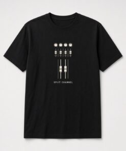 Split Channel Mixing Console unisex t-shirt in black with mixing console strips with knobs and faders