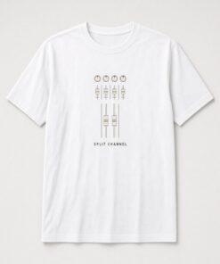 Split Channel Mixing Console unisex t-shirt in white with mixing console strips with knobs and faders