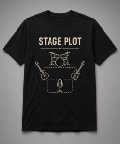 Stage Plot Band Diagram unisex t-shirt in black with band stage plot with drums, guitars and vocal mic